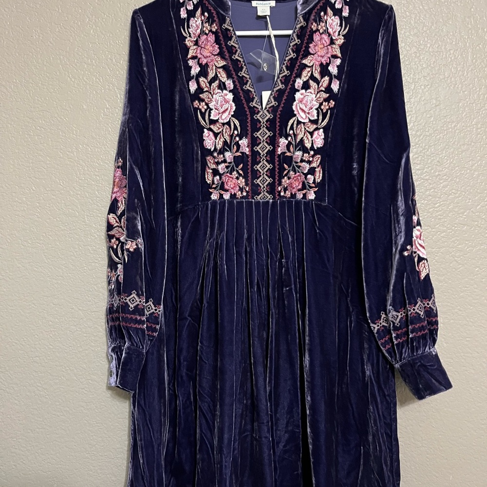 Sundance Velvet Dress with Pink Floral Embroidery